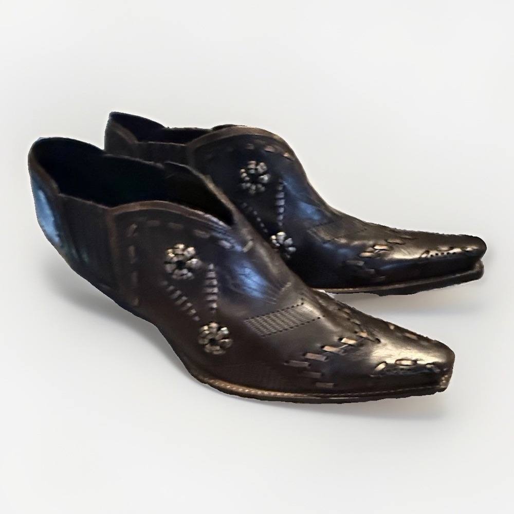 BCBG Western Ankle Booties Womens 8 Brown Leather Medallion Studded Toe